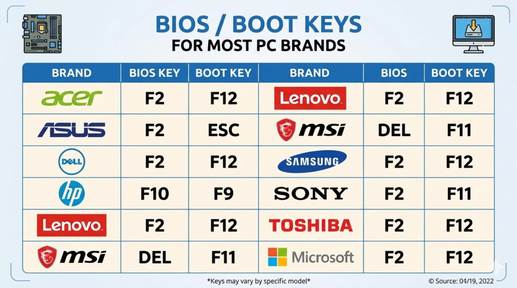 BIOS UEFI BOOT KEYS MENU