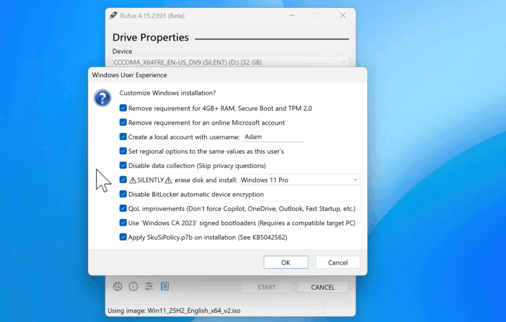 Rufus 4.15: Install Windows 11 on Unsupported PCs Using Silent Mode